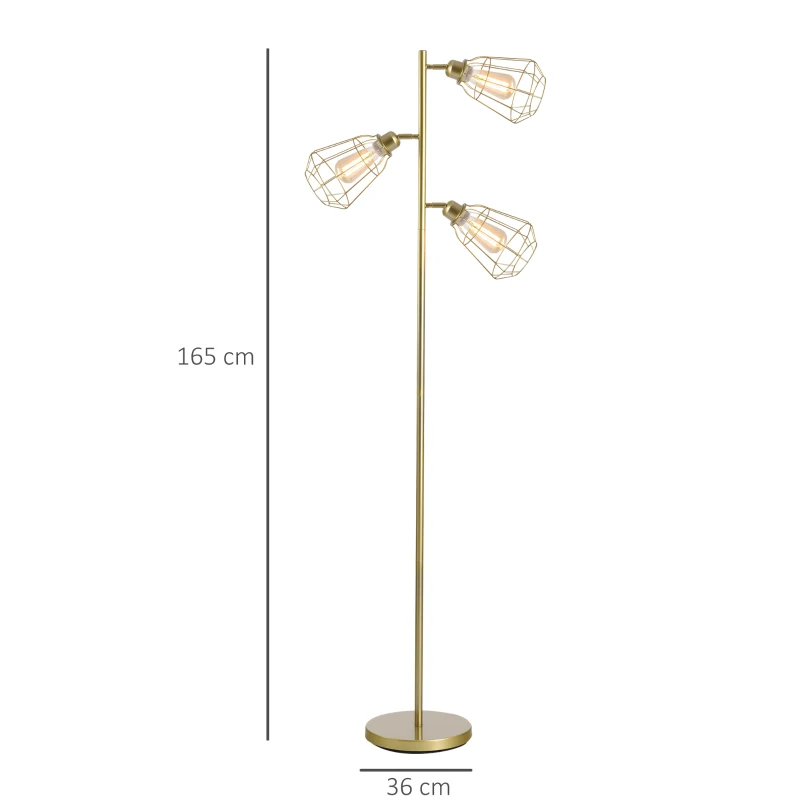 HOMCOM Retro Practical Tree Floor Lamp 3 Angle Adjustable Lampshade Steel Base for Living Room Bedroom Office Gold 165cm
