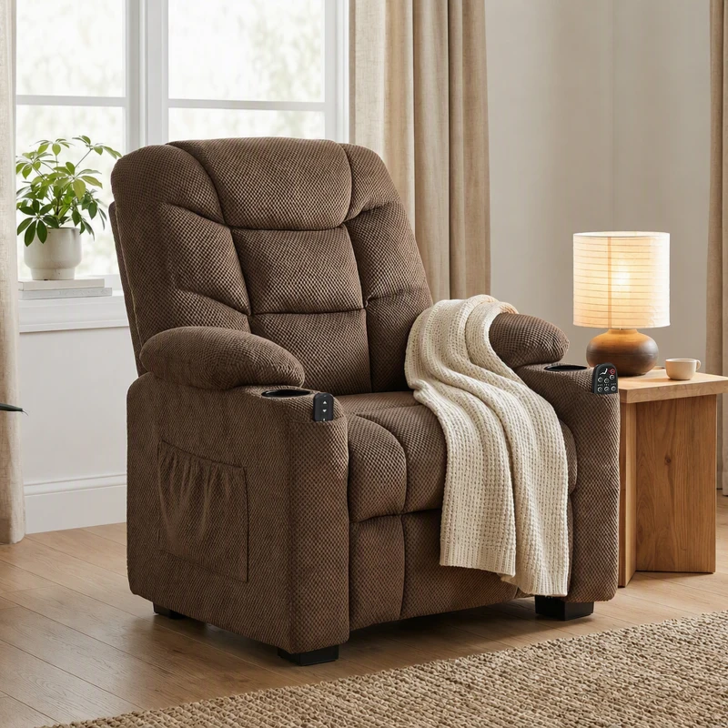 HOMCOM Electric Massage Recliner Armchair with Vibration, Heat, Whisper-Quiet Motor, Memory Function, Fleece Power Reclining Chair with Spring Pack, USB Port, Footrest, Side Pocket, Brown