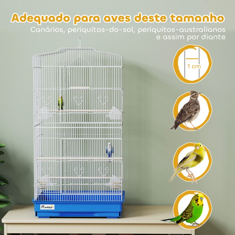 PawHut Gaiola para Pássaros Gaiola Metálica com 4 Tigelas de Comida 3 Poleiros Baloiço e Bandeja Removível Pega 46,5x35,5x92 cm Azul