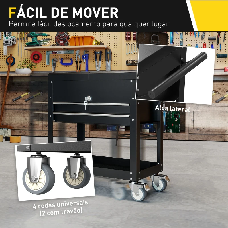 HOMCOM Carrinho de Ferramentas com Rodas Carrinho de Oficina Móvel com Tampa Deslizante 2 Gavetas com Fecho Bandeja 77,5–130x38x80 cm Preto
