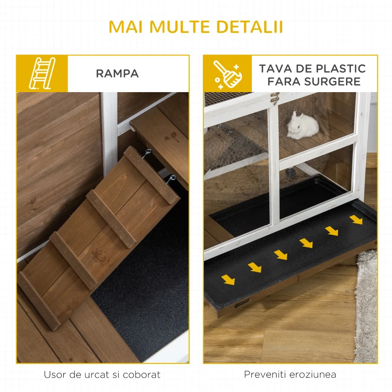 PawHut Cușcă pentru iepuri pe 2 niveluri cu căsuță, rampă și tavă detașabilă, din lemn de brad, 91,5x53,3x73 cm, maro
