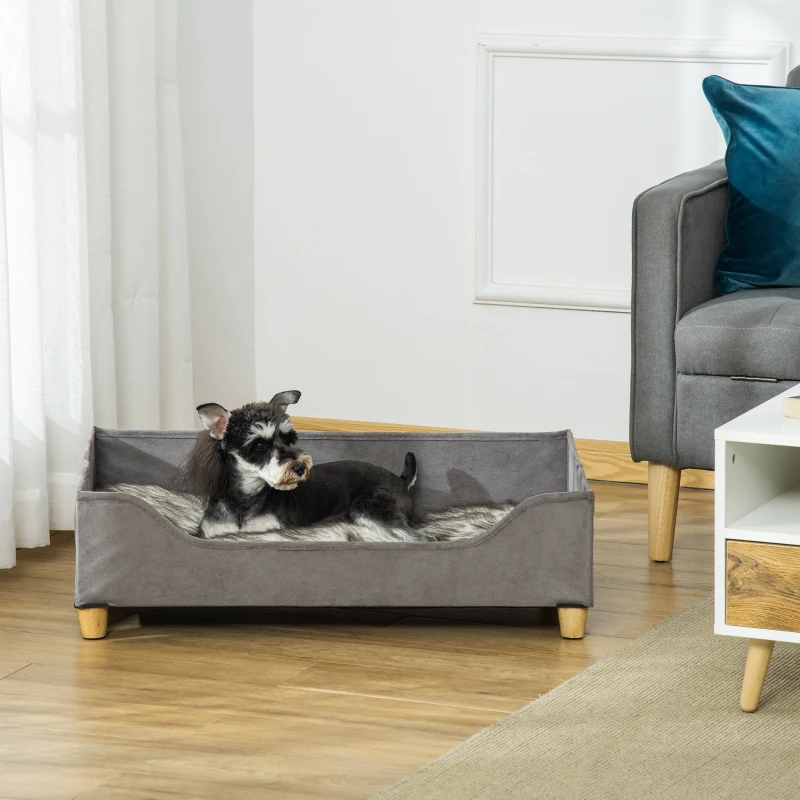 PawHut Canapé lit panier pour chien moderne avec coussin doux et lavable, pieds en bois - gris