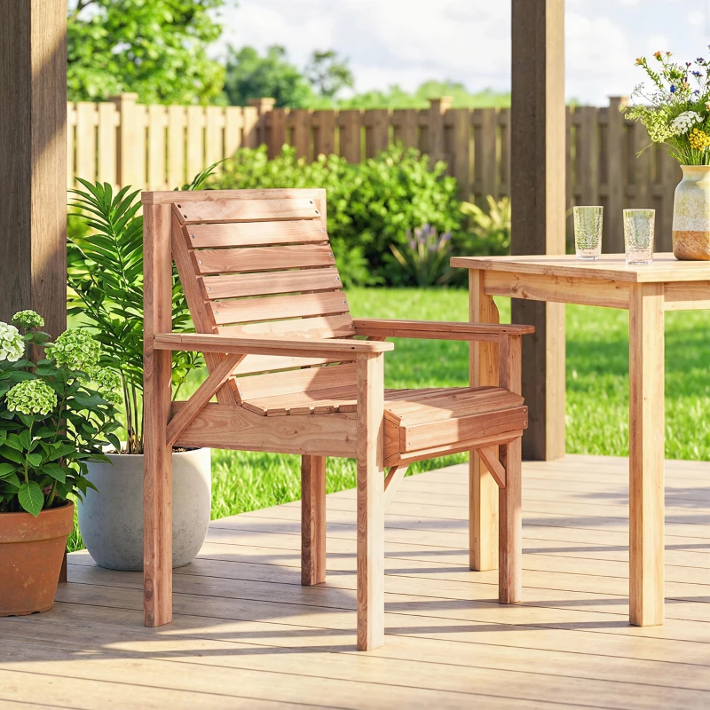 Outsunny Wooden Garden Dining Chair, Outdoor Chair Garden Armchair with Curved Seat and Wide Armrests, Natural Wood Finish