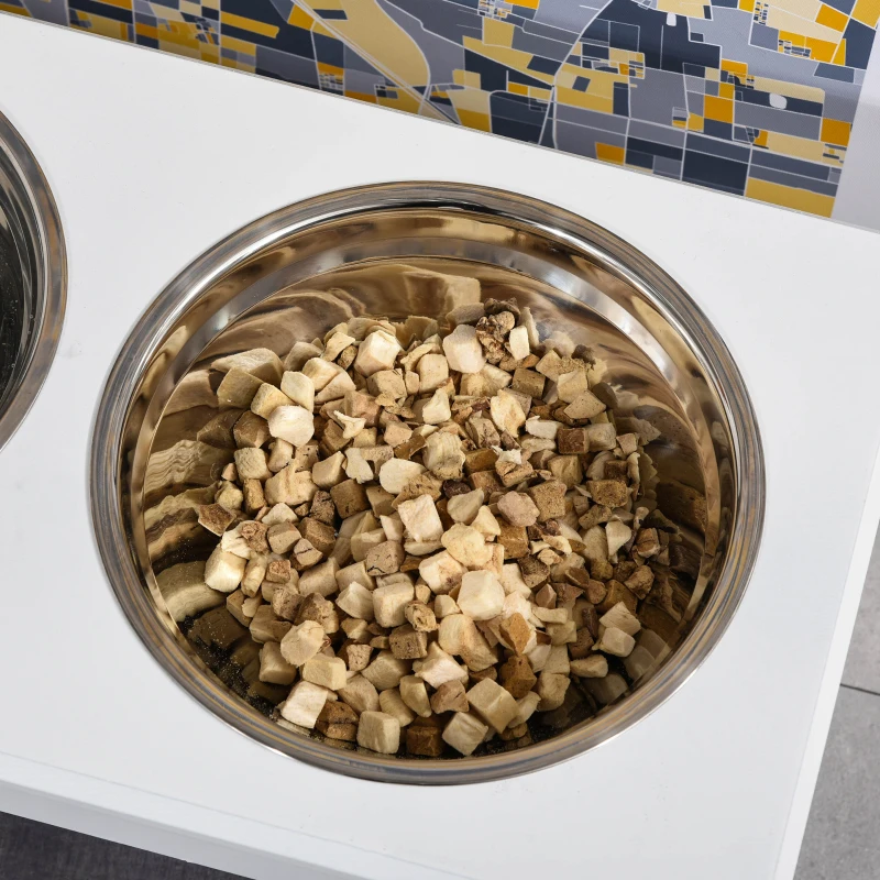 PawHut Ciotole Rialzate per Cani Taglia Piccola ed Extra Piccola, Supporto Portaciotole in MDF con 2 Ciotole in Acciaio Inox per Cibo e Acqua, Bianco