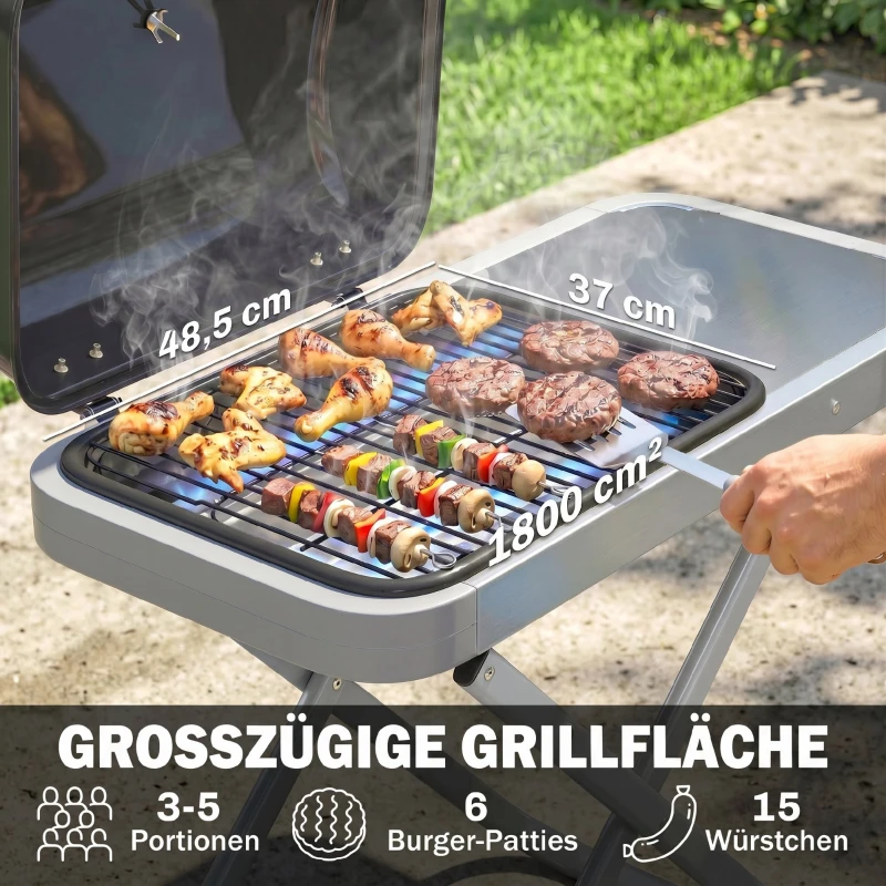 Outsunny Tragbarer Gasgrill 1-Brenner 2,5kW Grillwagen mit Faltbarem Rollwagen Grillrost Seitentisch Deckel Thermometer