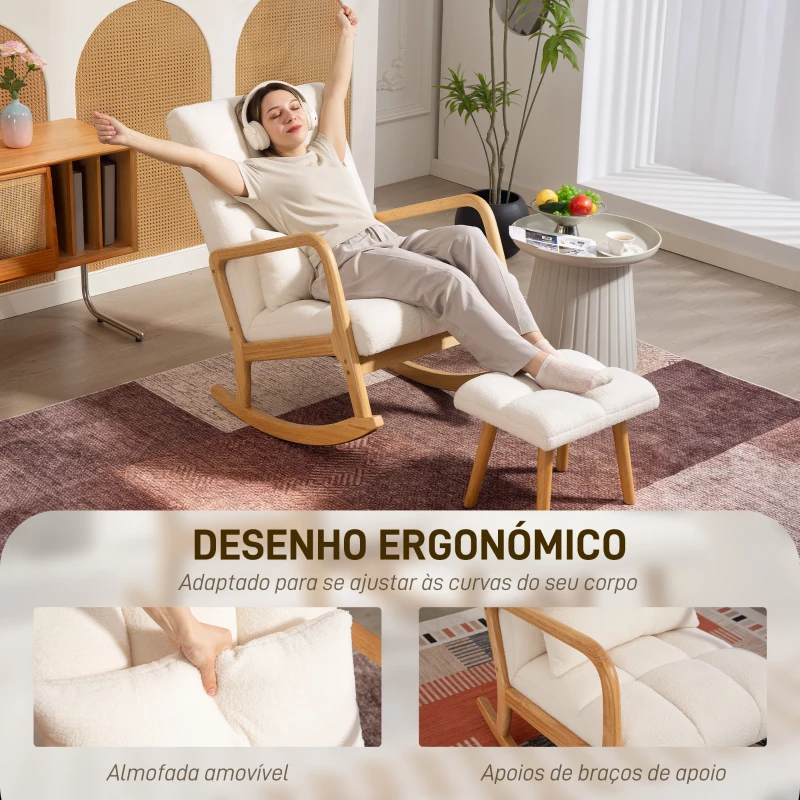 HOMCOM Poltrona de Baloiço com Apoio para os Pés Estofado em Bouclé com Almofada Acolchoada Encosto Ergonómico Apoios de Braços e Pés de Madeira 64,5x82x89 cm Branco