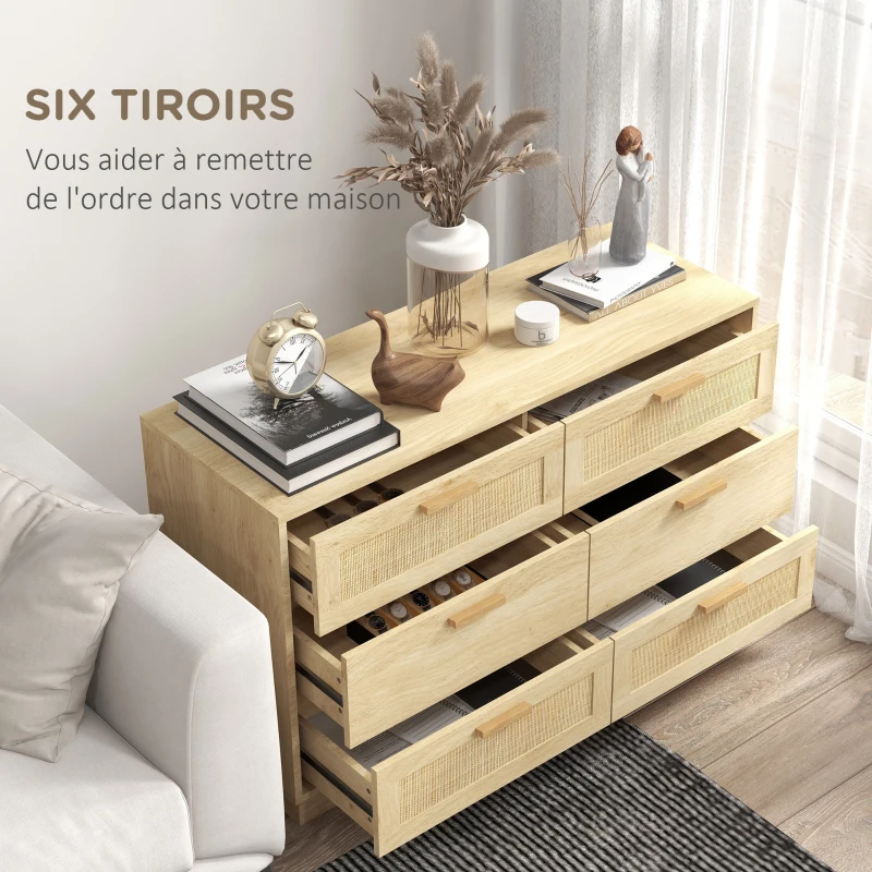 HOMCOM Commode design bohème en rotin avec 6 tiroirs, meuble de rangement pour le salon, le couloir, l'entrée, chêne