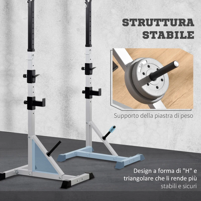HOMCOM Set 2 Supporti Bilanciere in Acciaio con 3 Ganci, Altezza Regolabile e Portata 200kg, Argento e Nero