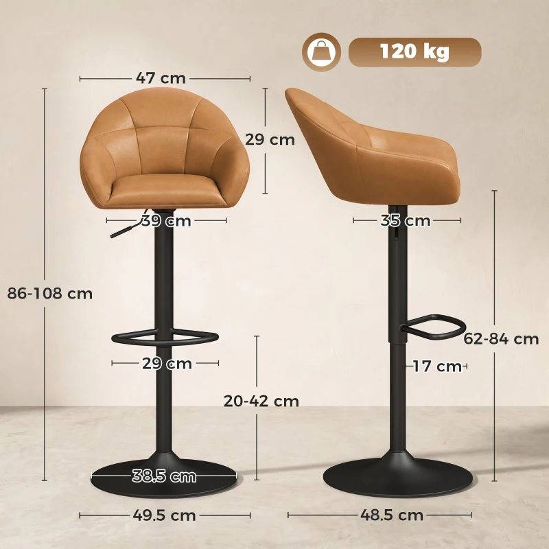 HOMCOM Bar Stools Adjustable Heights Breakfast Bar Stools Backrest Armrests Set of 2, Brown