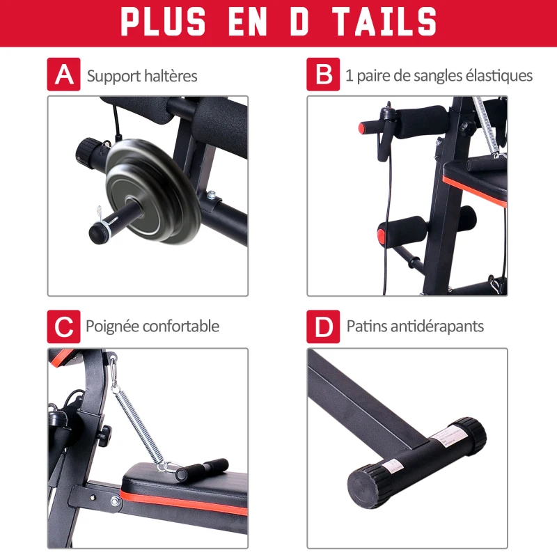HOMCOM Banc de musculation pliable inclinable réglable sangles élastiques support haltères inclus acier noir rouge + Ensemble d'haltères Courtes Total 20 Kg acier HDPE noir