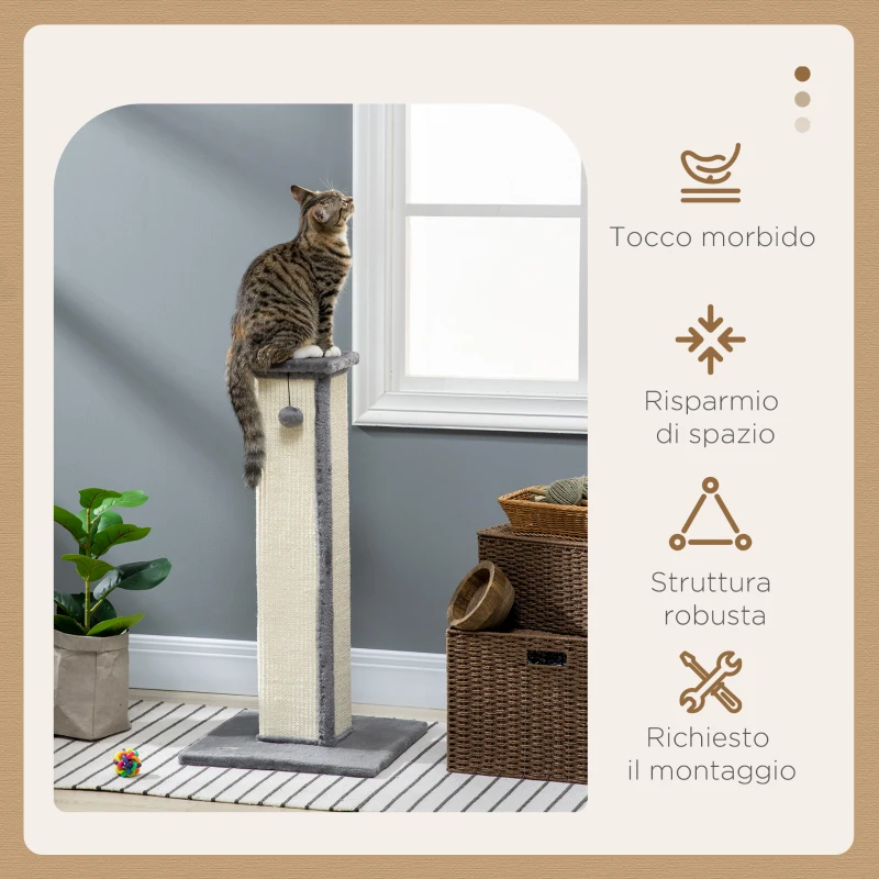 PawHut Tiragraffi per Gatti con Pallina, Palo in Sisal e Rivestimento in Peluche, 41x41x81 cm, Grigio
