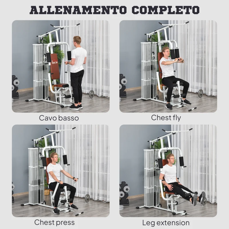 HOMCOM Stazione Fitness Multifunzione per Casa e Palestra con 4 Imbottiture, in Acciaio e PU, 150x110x210 cm, Bianco
