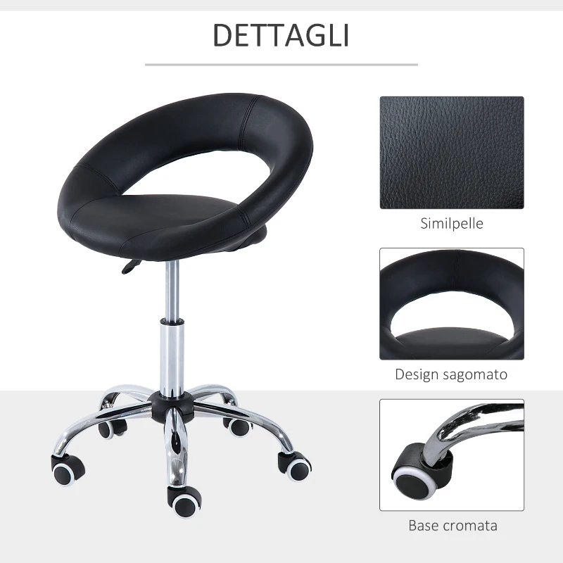 HOMCOM Sgabello da Lavoro Girevole Sgabello da Sala Salone Moderno Altezza Regolabile finta pelle 50 × 54 × 66-78cm Nero