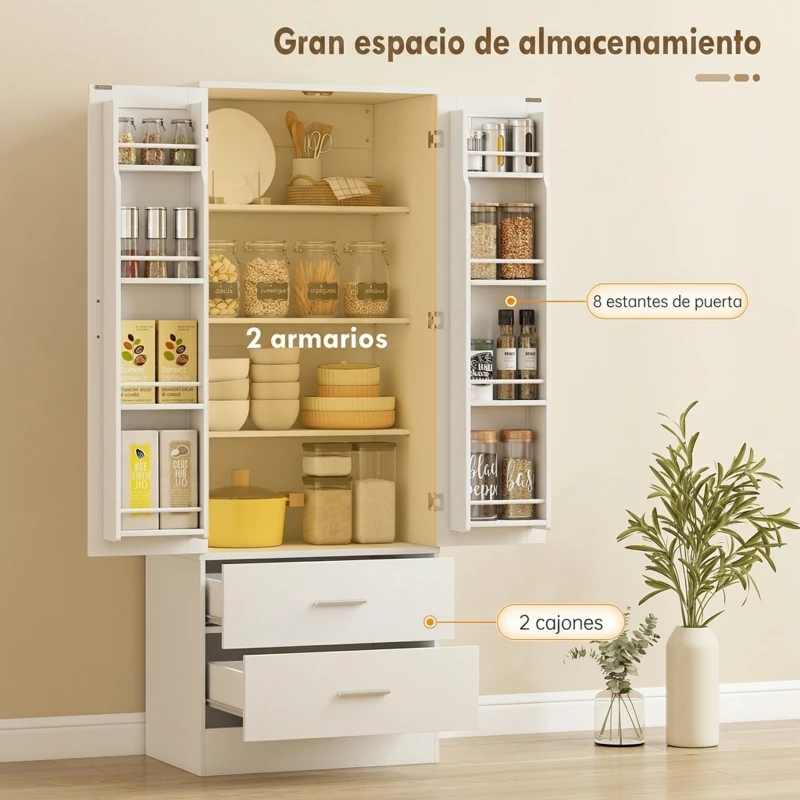 HOMCOM Alacena de Cocina con 2 Puertas, 8 Estantes en la Puerta 2 Cajones Estantes Ajustables 60x40x159 cm Blanco