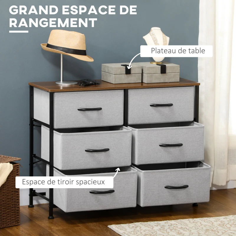 HOMCOM Commode 6 tiroirs en tissu, meuble de rangement avec tiroirs pliants, poignées, cadre en acier, 80 x 30 x 62,5 cm, gris