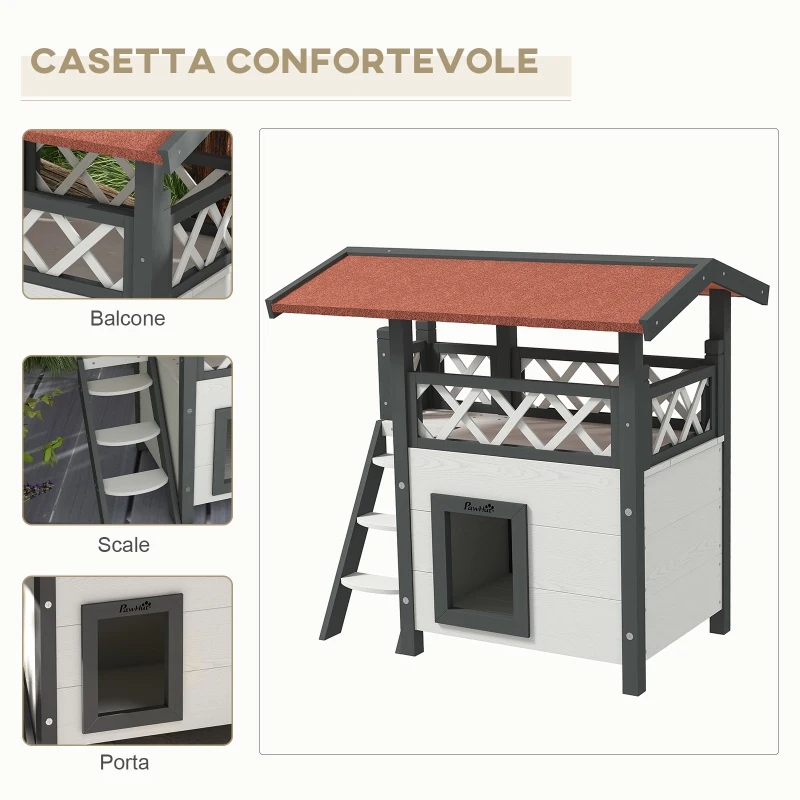 PawHut Casetta per Gatti da Esterno con Terrazza e Scaletta in Legno, 77x50x73cm, Bianco e Grigio