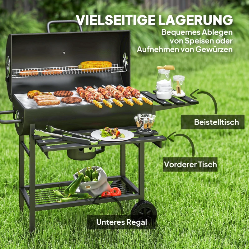 Outsunny Houtskoolbarbecue van staal BBQ Smoker met deksel handgrepen thermometer wielen draagbaar 114 x 65 x 95 cm