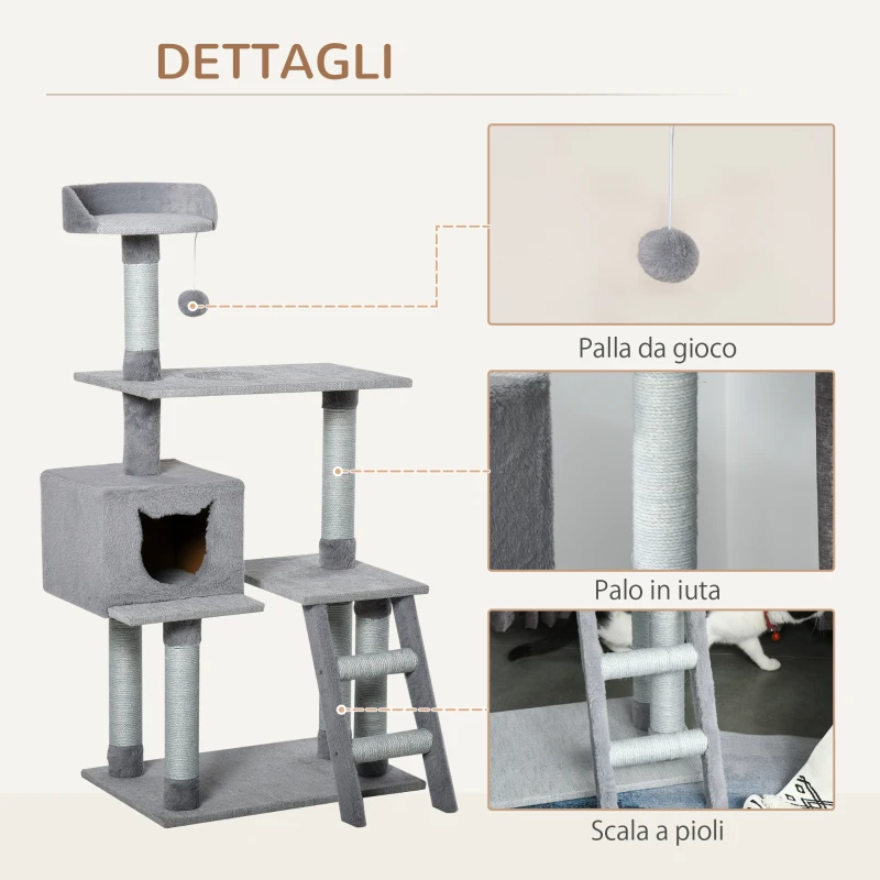 PawHut Tiragraffi Palestra per Gatti Multilivello con Casetta Scala Piattaforme, Pali in Corda di Juta, Grigio, 60.5x40x124cm