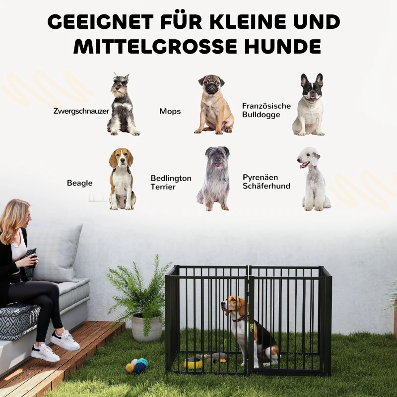 PawHut Welpenauslauf, Hundeauslauf, Welpengehege, 6 Paneele mit Tür, faltbarer und tragbarer Hundezaun, Stahl, Schwarz(m-9)