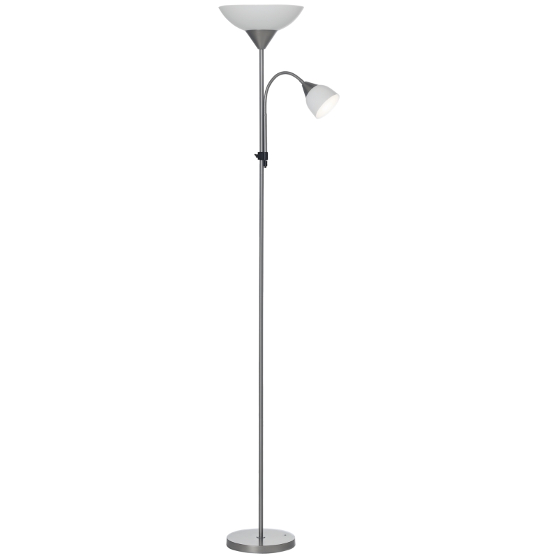 HOMCOM moderne staande lamp 2 koppen verstelbare leeslamp, vloerlamp, ontwerp met dubbele kop en stalen voet, zilver, wit, 28 x 28 x 179,5 cm