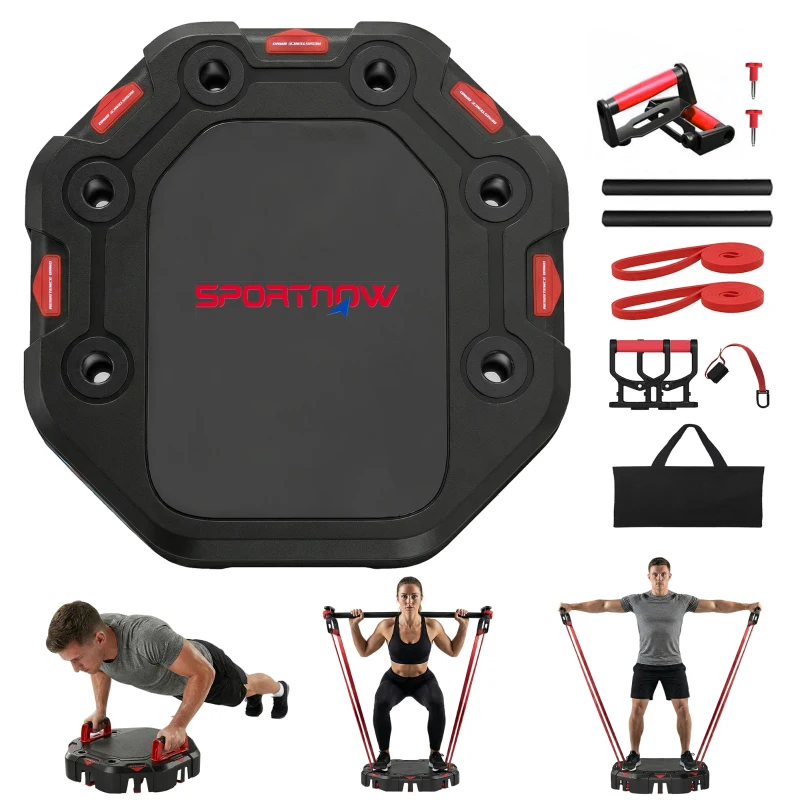 SPORTNOW Push-Up Board 7-in-1 Verstelbaar Push-Up Bord met Weerstandsbanden, Wieltjes en Deuranker, Opvouwbaar