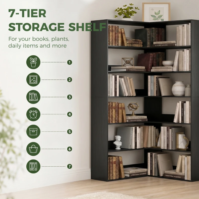 HOMCOM 7 Tiers Bookshelf, L-Shaped Corner Bookcase with Anti-Slip Rear Guard, Black Wood Effect