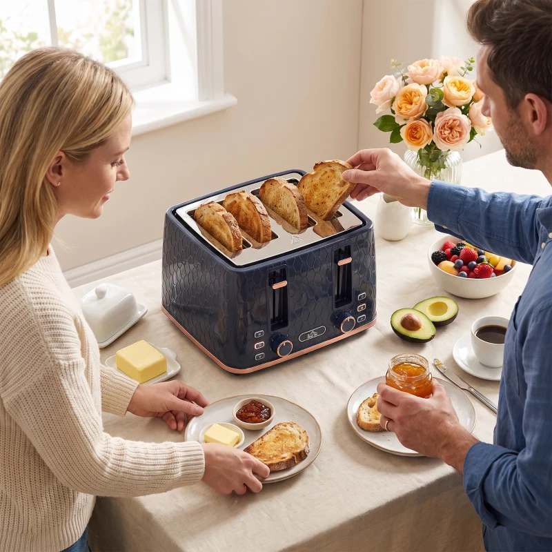 HOMCOM Toaster 4 slice, Toaster with 7 Browning Levels, High Lift, Reheat/Defrost/Cancel, Self-centring Function, Dark Blue