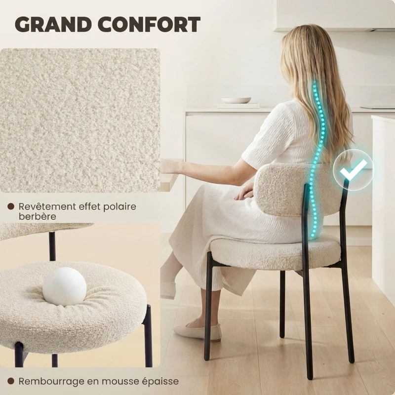 HOMCOM Lot de 4 Chaises Salle à Manger Chaises de Cuisine Rembourrées en Tissu Bouclette Dossier Incurvé Pieds en Acier Beige