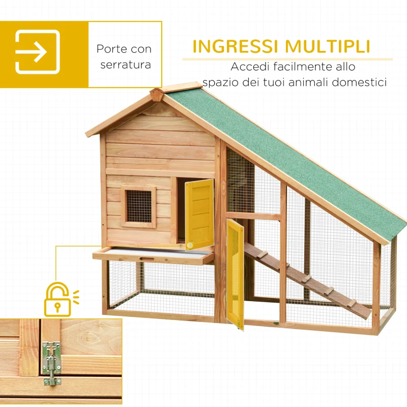 PawHut Gabbia per Conigli in Legno con Recinto e Rampa, Conigliera da Esterno Casetta per Porcellino d'India con Tetto Impermeabile, 158x65x120cm