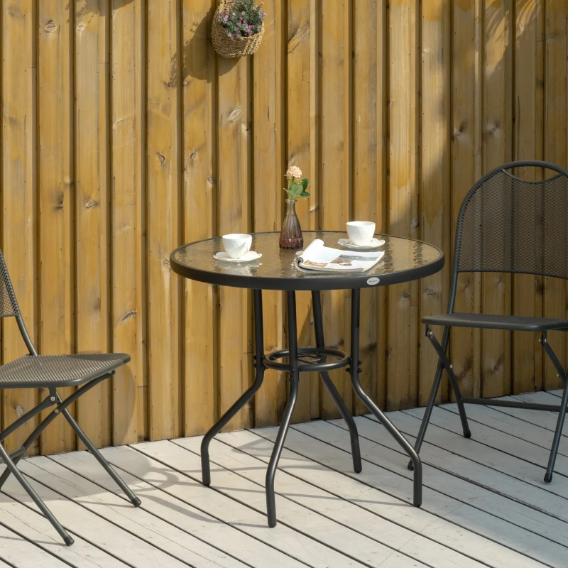 Outsunny Mesa de Jardim Redonda Ø80x72 cm com Orifício para Chapéu de Sol e Tampo de Vidro Temperado para Pátio Terraço Preto
