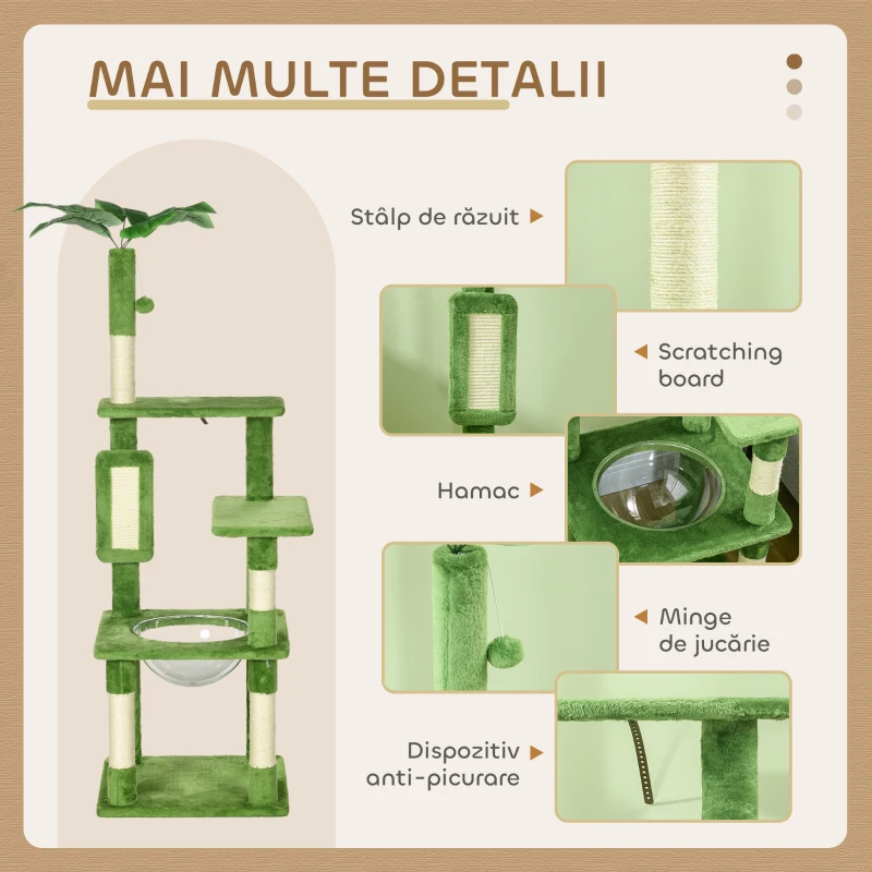 PawHut Ansamblu pentru Pisici pe Mai Multe Niveluri cu Hamac, Stâlp de Scris, Minge și Frunze Decorative, 49x49x142 cm, Verde