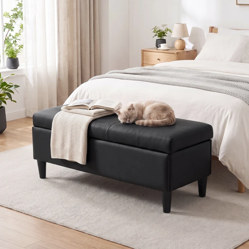 HOMCOM Baúl 136 L Puf Contenedor Reposapiés Grande 110x41x42 cm, Piel Sintética apta para Mascotas, Negro