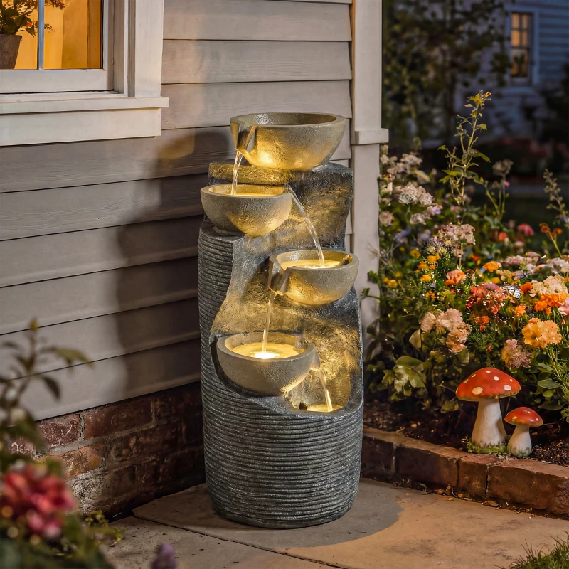 Outsunny Garden Water Feature, Outdoor Water Fountain with LED Lights and Pump, 5 Tier Cascading Waterfall Fountain for Indoor