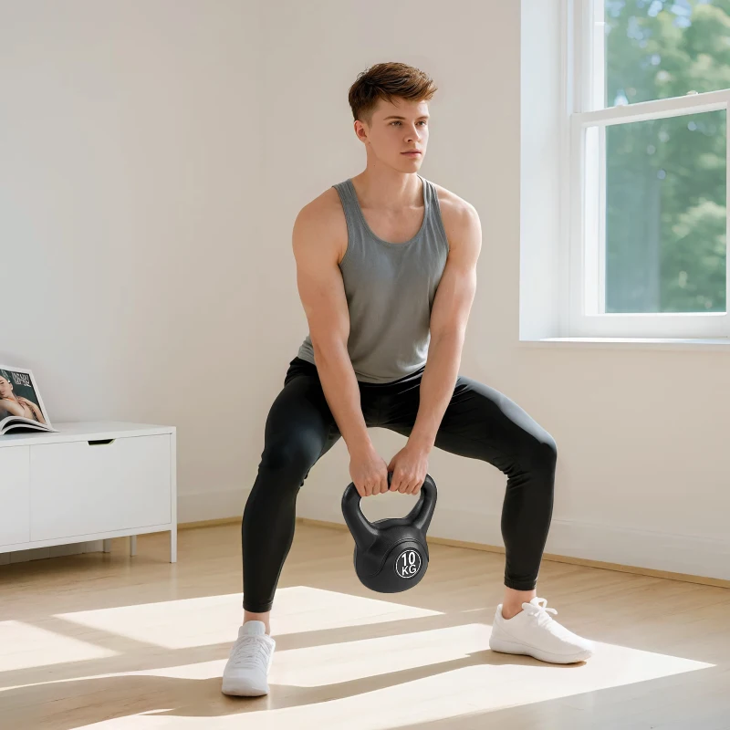 HOMCOM Peso Russo de 10 kg Kettlebell Preenchido de Areia com Punho Largo e Antiderrapante para Trenos em Casa e Ginásio 25x19x28 cm Preto
