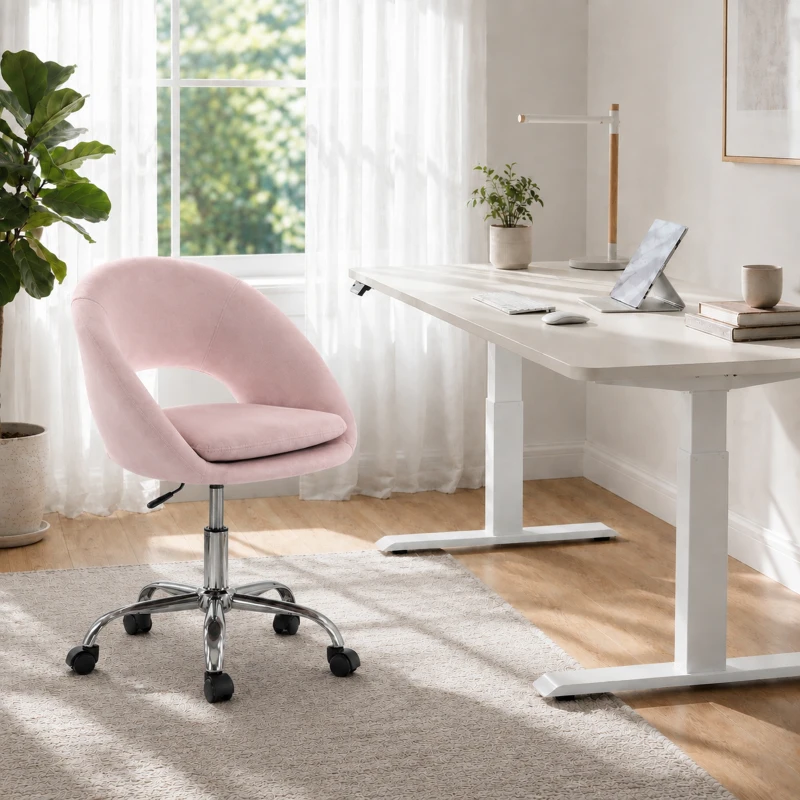 HOMCOM Velvet Desk Chair, Modern Office Chair with Height-Adjustable, Wheels, for Home Study Bedroom, Pink