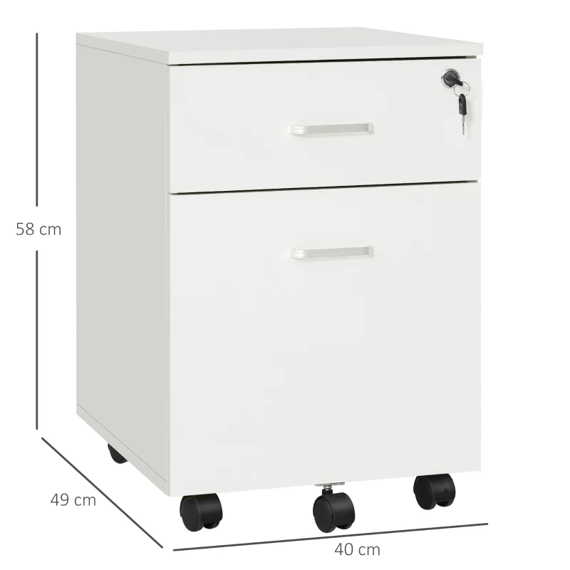 Vinsetto Cassettiera Ufficio a 2 Cassetti con Serratura e 5 Ruote, in Truciolato, 40x49x58 cm, Bianco