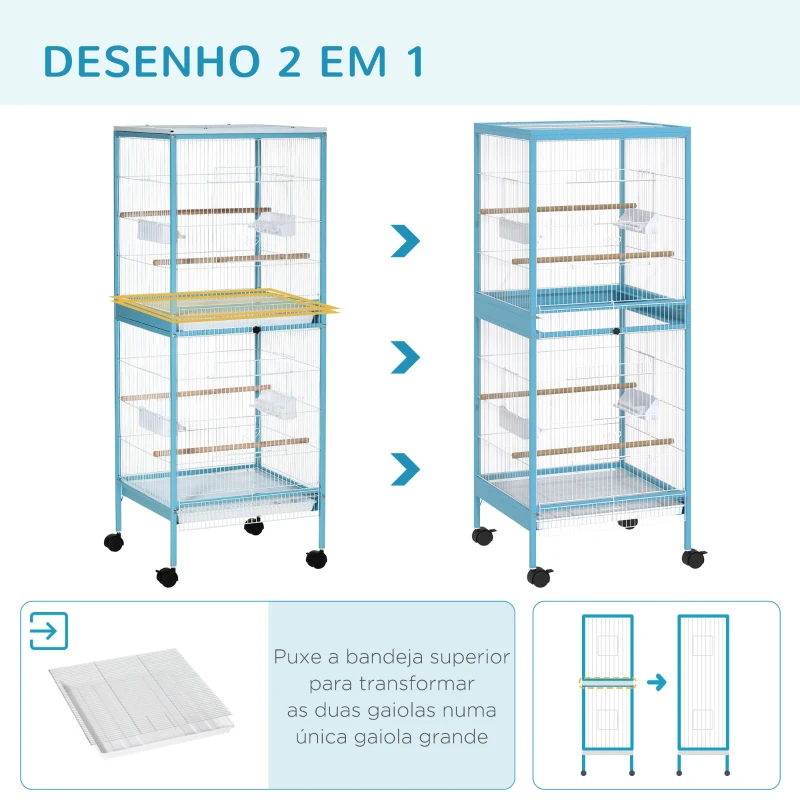 PawHut Gaiola para Pássaros com Rodas de 2 Níveis  com Bandejas Removíveis Portas Comedouros Poleiros 51,5x50x140 cm Azul