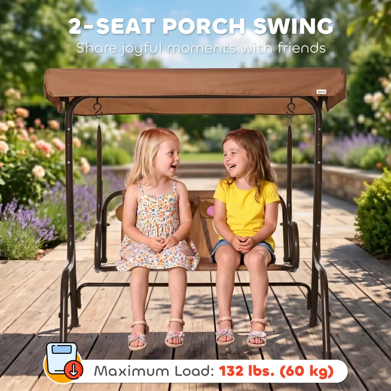 Outsunny 2 Seater Kids Garden Swing Seat, Children Outdoor Patio Lounge Chair for Gardens w/ Adjustable Awning, Seatbelt, Monkey Pattern - Brown