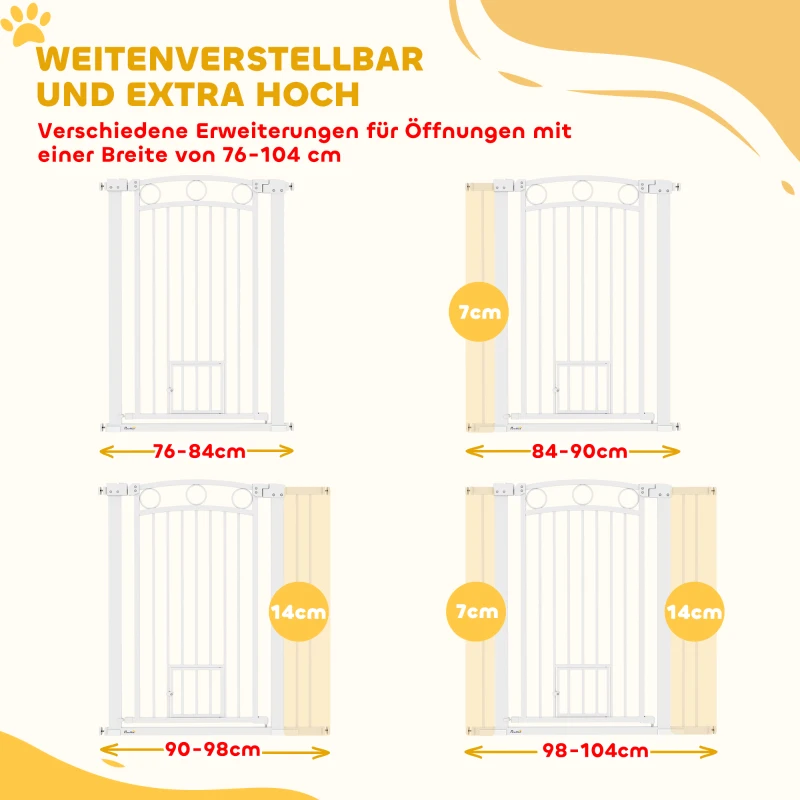 PawHut 106 cm Hoog Huisdierhek met Verstelbare Breedte en Geïntegreerde Kattendeur, voor Trappen en Deurkozijnen, Wit