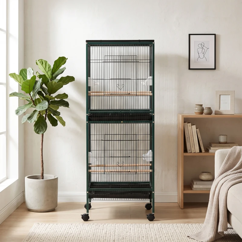 PawHut Grande Cage à Oiseaux sur pied double avec mangeoires perchoirs plateau amovible roulettes - Dim. 51,5L x 50l x 140H cm