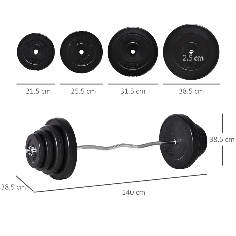 HOMCOM Set Bilanciere e Dischi da 70 kg totali con Impugnatura Antiscivolo, Acciaio e Plastica, Nero