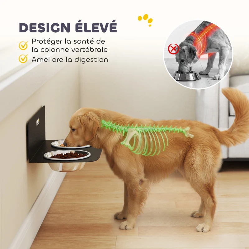 PawHut Gamelle Bol pour Chien Double Gamelle Support Mural 2 Bols Acier Inox 800ml Hauteur Réglable 42x23,5x14cm Noir