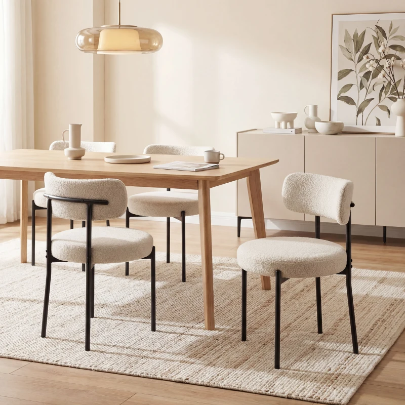 HOMCOM Lot de 4 Chaises Salle à Manger Chaises de Cuisine Rembourrées en Tissu Bouclette Dossier Incurvé Pieds en Acier Beige