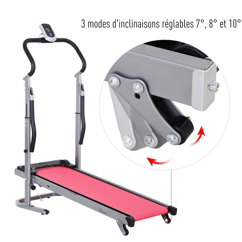 HOMCOM Tapis de course manuel pliable écran LCD multifonction 3 modes d'inclinaisons hauteur guidon réglable acier gris rouge