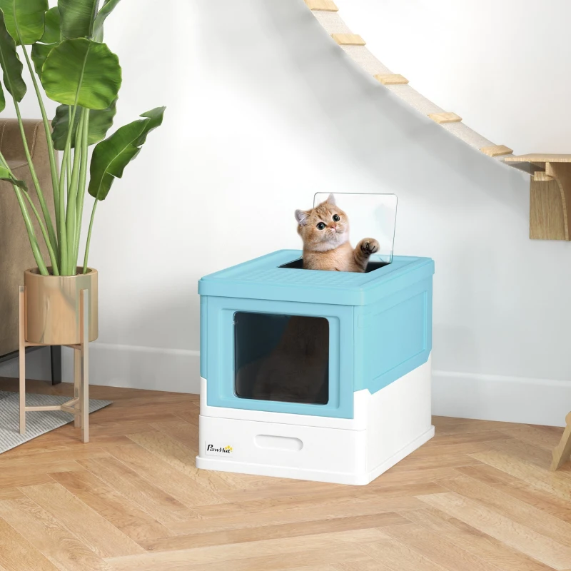 PawHut Hooded Cat Litter Box, Portable Pet Toilet, with Scoop, Front Entry - Light Blue