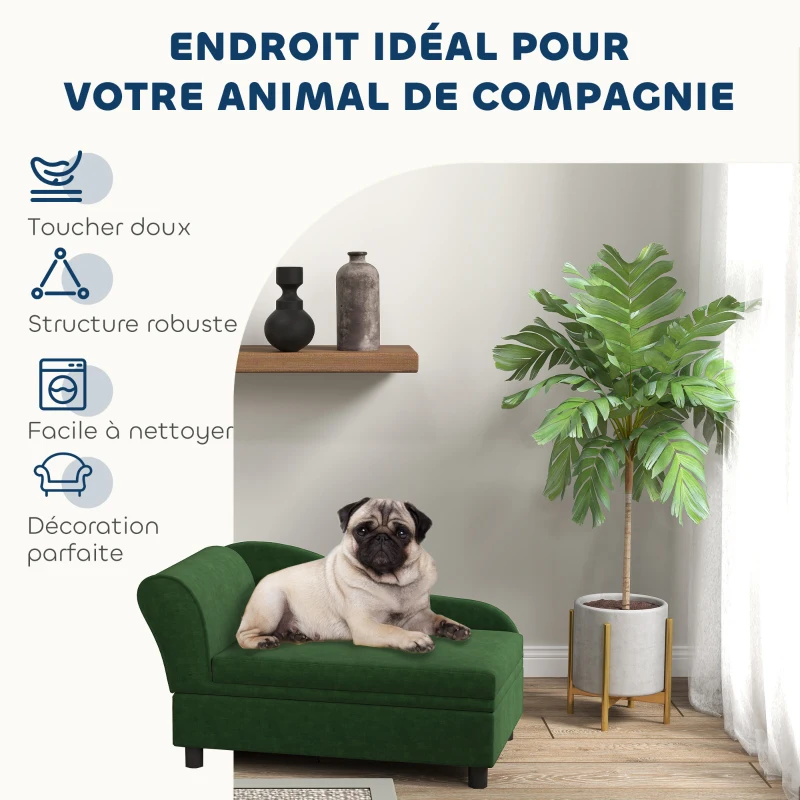 PawHut Canapé chien chat sur pied avec coffre de rangement style moderne coussin d'assise amovible 76 x 45 x 43 cm vert