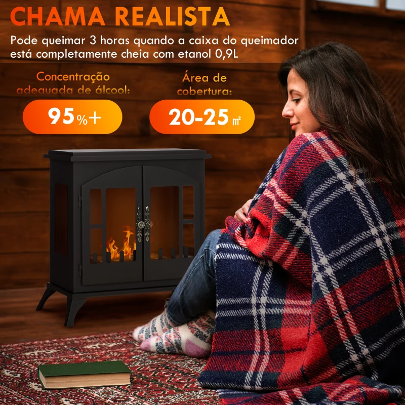 HOMCOM Lareira de Bioetanol com Depósito de 0,9L Tempo de Combustão 3H para Interiores 20-25 m² 55x31x55 cm Preto