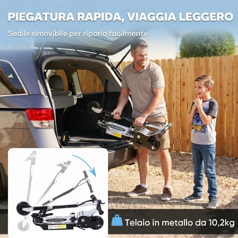 HOMCOM Monopattino Elettrico Pieghevole con Sella, 2 Ruote e Manubrio Regolabile, Bambini da 6 Anni, 81.5x38x94 cm, Nero