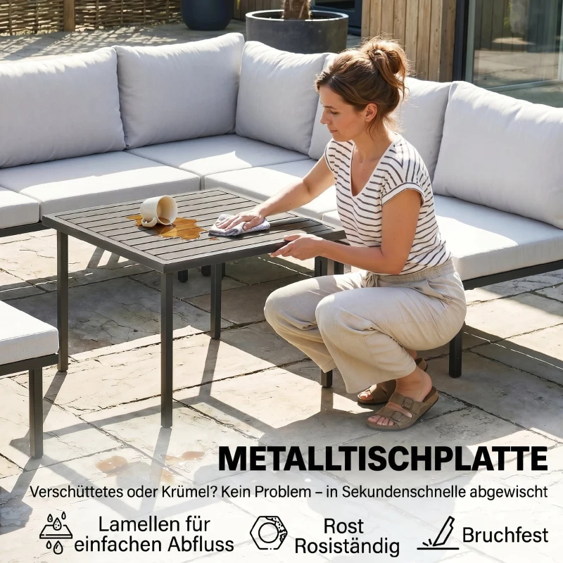 Outsunny Lounge Tuinmeubelset 5-6 Personen Tuinlounge Set met 2-zits Tuinbank, 2 Stoelen, Hoekstoel, Lamellen-tafel, Voetenbank