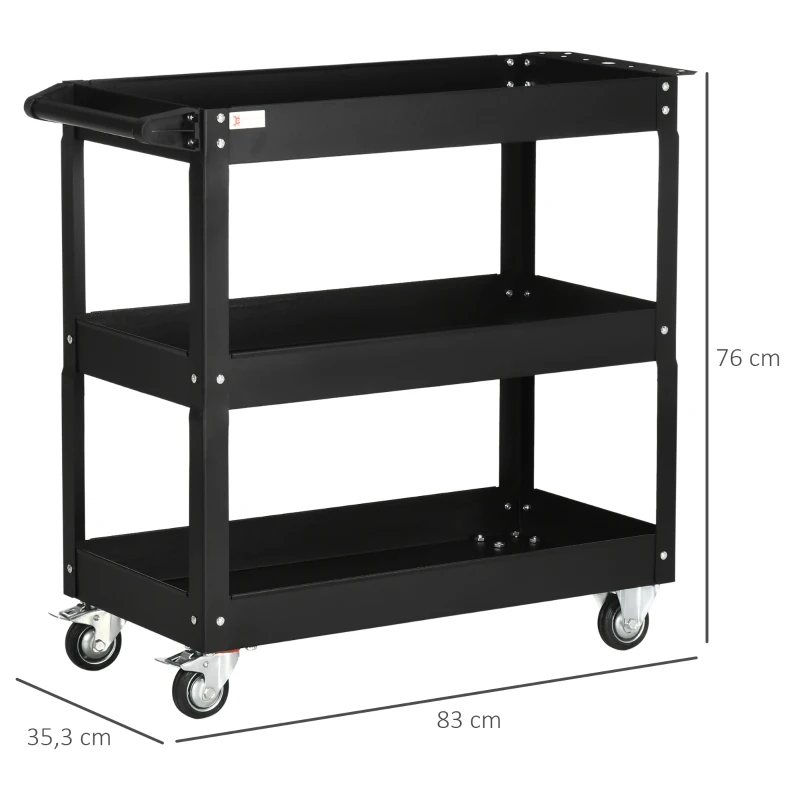 DURHAND Carrello Porta Attrezzi a 3 Livelli in Acciaio con Bordi Alti e 4 Ruote Girevoli, 83x35.3x76 cm, Nero